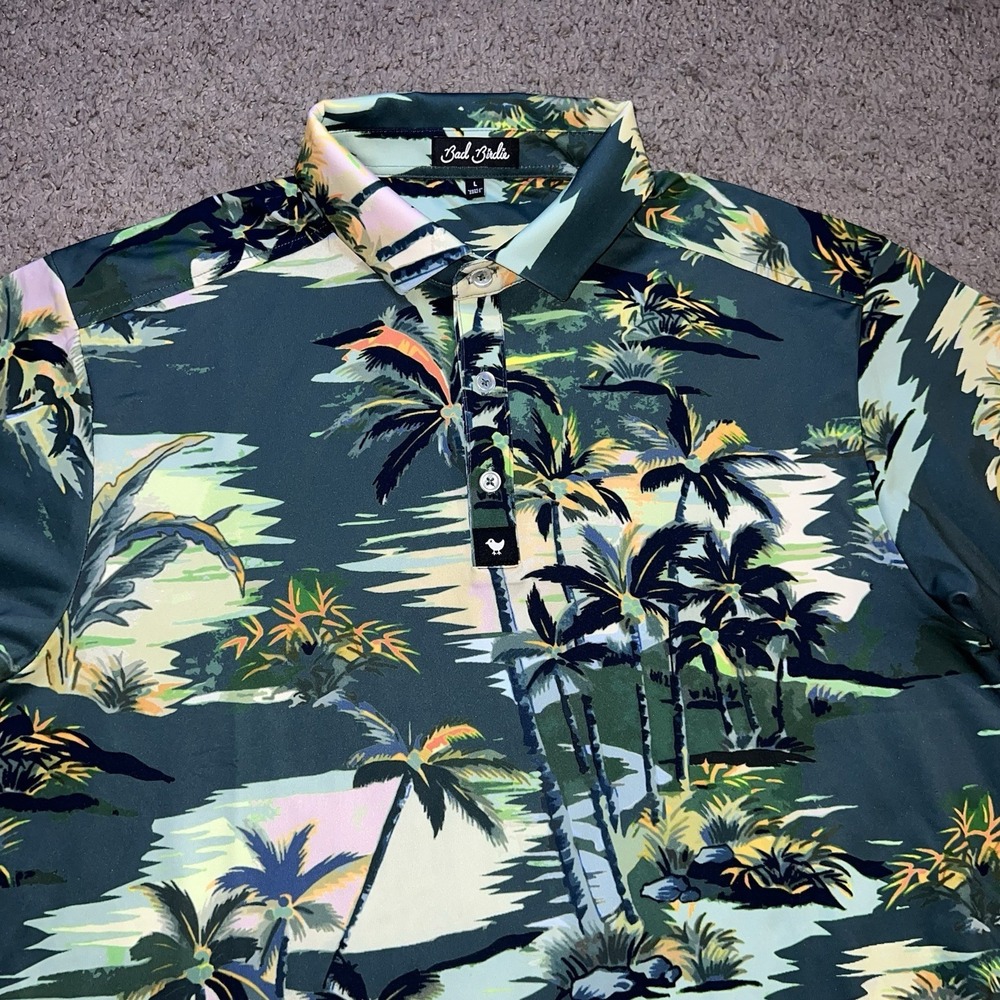 Bad Birdie Polo Shirt Mens L Green Tropical Floral Golf Performance Chest  Logo